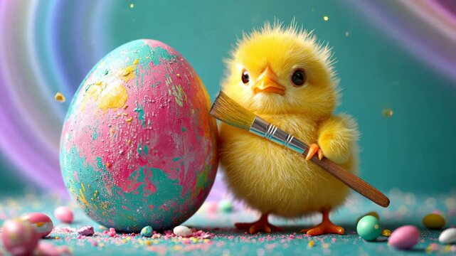 Adorable Yellow Chick Painting an Easter Egg for Holiday, Celebration, and Creativity in Pastel Green and Pink Tones
