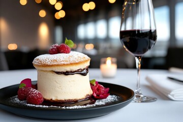 An exquisite dessert presentation featuring a chocolate souffle topped with fresh raspberries and mint, served with red wine, set against a cozy and romantic backdrop.