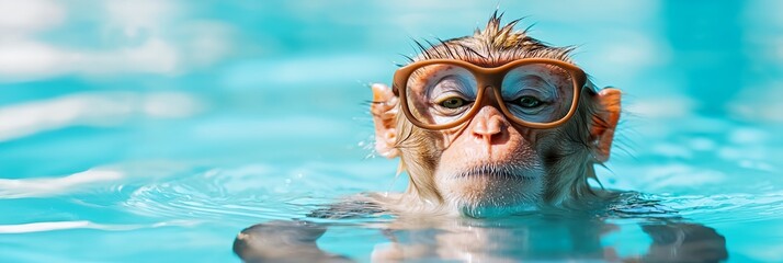 Naklejka premium A monkey wearing goggles is swimming in a pool
