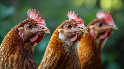 Naklejka premium Three chickens are standing in a field