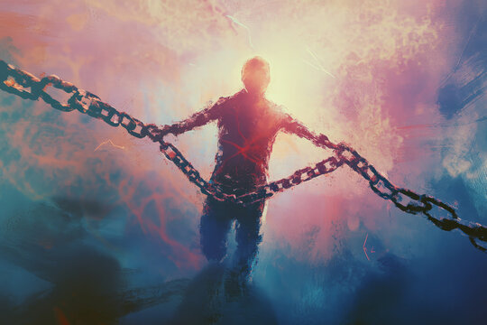 A cinematic digital painting of a person breaking free from heavy chains made of self doubt and fear, glowing with newfound confidence, symbolizing personal transformation and inner strength.