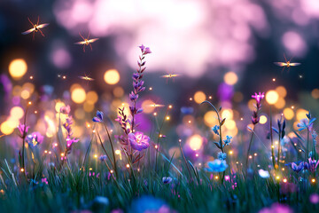 Magical fireflies illuminate a quiet meadow at dusk, hovering gently above tall grass. Soft purple and pink hues paint the sky, creating a dreamy and tranquil summer night scene.