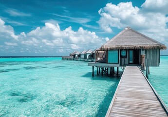Overwater bungalows on a tropical beach.