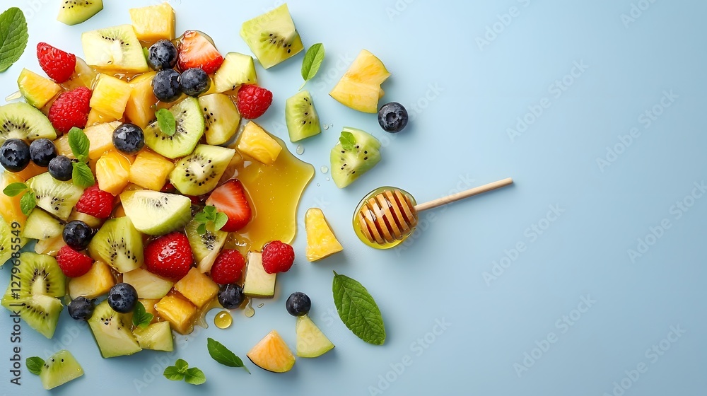 Poster overhead view of a bowl filled with a colorful fruit salad made with various fresh produce like berr