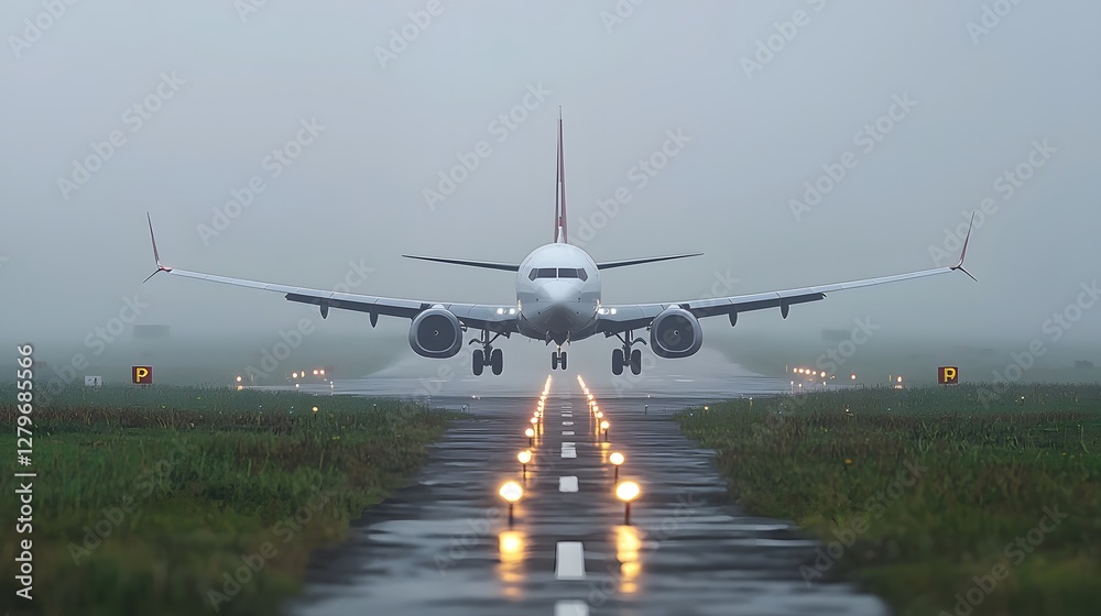 Aufkleber Passenger jet aircraft emerging from dense fog during final approach and landing with runway lights barely visible through the moody atmospheric conditions