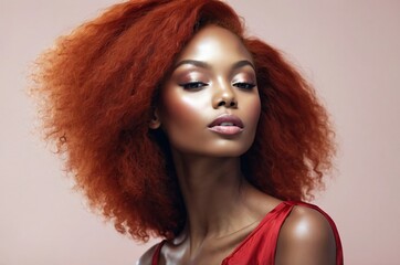 Fototapeta premium Beautiful confident photo model showcases vibrant makeup against a pastel color background in a studio setting, people and skincare, fashion theme concept. 