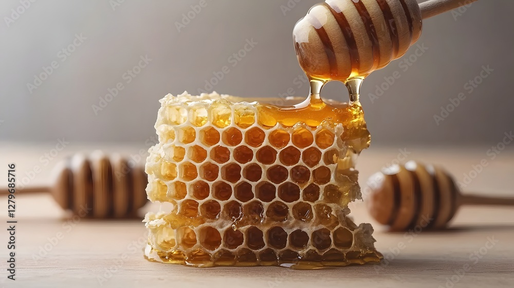 Aufkleber photo of a stack of golden honeycomb dripping with rich viscous honey  The image showcases the intricate hexagonal patterns and textures of the comb along with the luscious flowing liquid honey