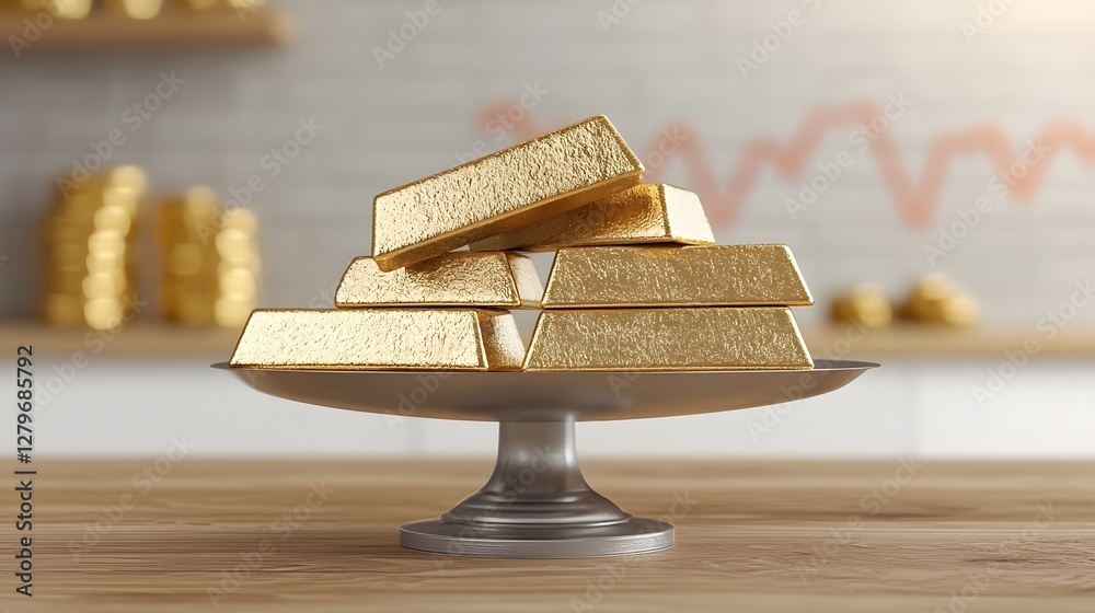 Poster photo of golden bullion bars balanced on a scale tipping upwards as a rising price chart is displaye