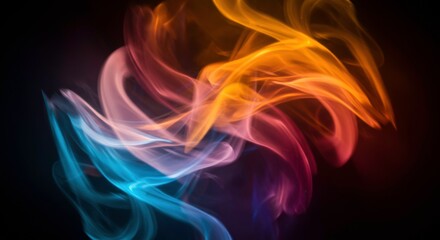 Fototapeta premium Colorful Smoke Swirls: A mesmerizing display of vibrant, swirling smoke plumes in an array of eye-catching colors dances against the darkness, creating a captivating abstract composition.