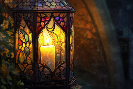 A warm and inviting digital painting of a glowing candle inside a stained glass lantern, casting beautiful reflections and a peaceful ambiance.