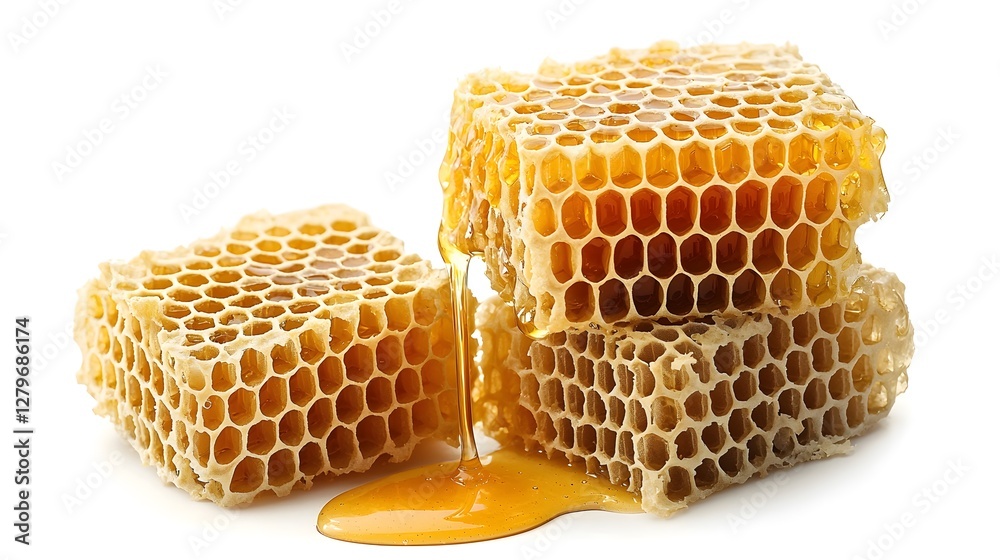 Poster photograph showcasing a stack of golden honeycomb dripping with rich viscous honey  The image captures the intricate natural textures and depth of the honeycomb structure