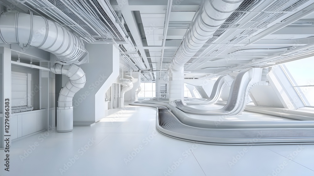 Poster photographic image showcasing the detailed blueprint design of an intricate air conditioning duct network system installed within the interior of a modern skyscraper building