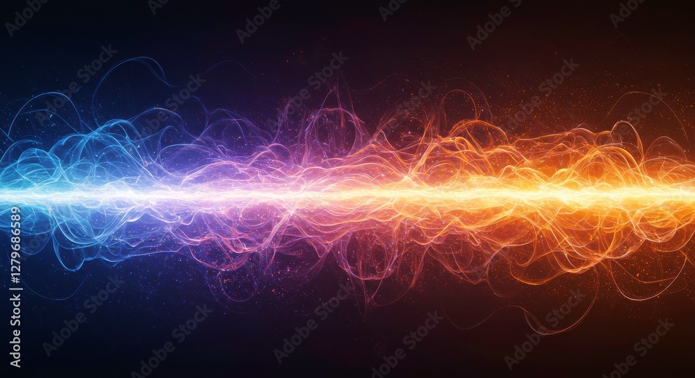 Poster electric fusion: a mesmerizing display of energy, where vibrant streams of blue and orange light int