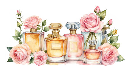 Watercolor depiction of perfume bottles with blooming roses, luxury and delicacy, soft pink and gold accents, isolated on white, copy space