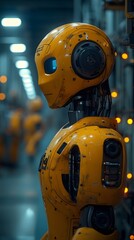 Fototapeta premium Hi-tech robot factory powered by renewables, revolutionizing clean energy. Realistic lighting evokes a sustainable future. Ideal for articles, clean tech, energy innovation, and green industry ads.