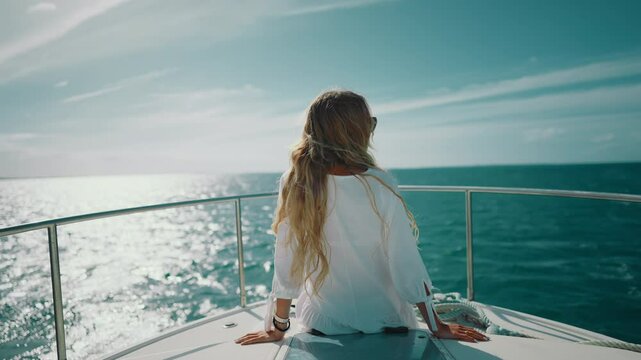 Trip to ocean by yacht, back view of happy female vacationer admiring seaview. Summer vacation, touristic excursion, fishing in open sea, woman looking to horizon, rearview, freedom and joy in summer