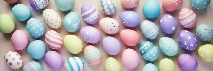 Fototapeta premium Easter greeting card. Pastel eggs decoration on color background, copy space, nobody