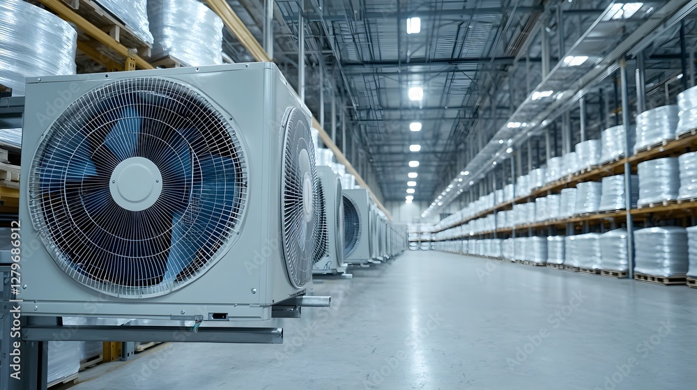 Poster Rows of air conditioning units installed in a vast climate controlled food storage warehouse facility maintaining optimal temperature and humidity for efficient inventory management and preservation