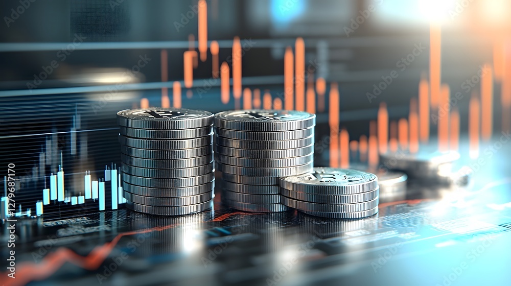 Poster Stacked Bitcoin Tokens with a Rising Market Chart in the Background Representing the Growing Importance of Cryptocurrency in the Financial Sector and Its Impact on the Global Economy