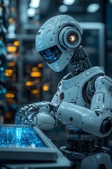 Hi-tech robot factory powered by renewables, revolutionizing clean energy. Realistic lighting evokes a sustainable future. Ideal for articles, clean tech, energy innovation, and green industry ads.