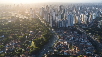 Aerial view of a city with residential and commercial areas, park, and roads.  Possible use Stock photo for city planning, urban development, or travel guides