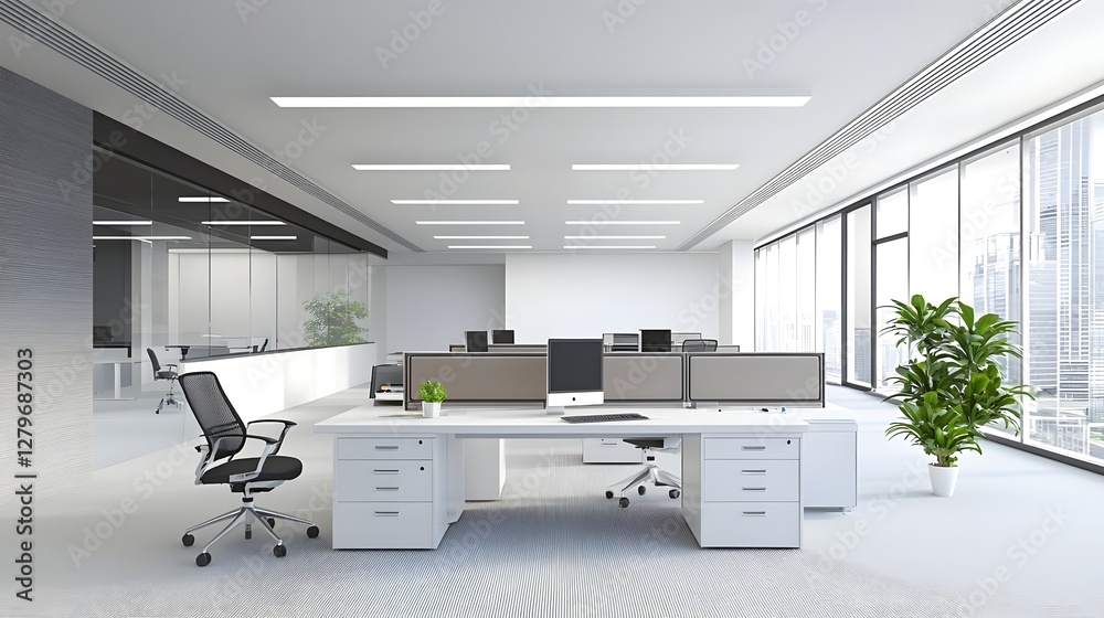 Poster Streamlined and Efficient Modern Office Space with Central Cooling System Promoting Productivity and in a Bright and Airy Environment