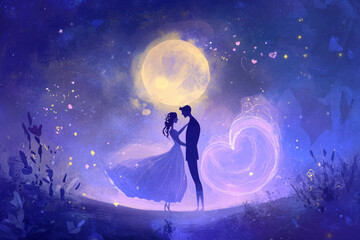 Obraz premium A soft and magical illustration of two people sharing a dance under the moonlight, dressed elegantly, their movements synchronized with glowing heart shaped energy surrounding them.