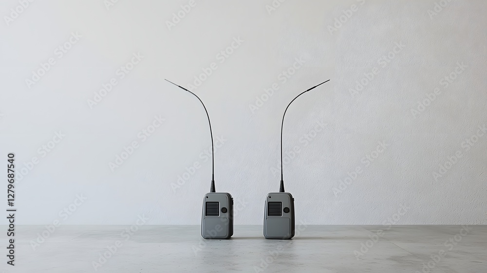 Poster two upright walkie talkie devices with antennas touching symbolizing wireless communication and conn