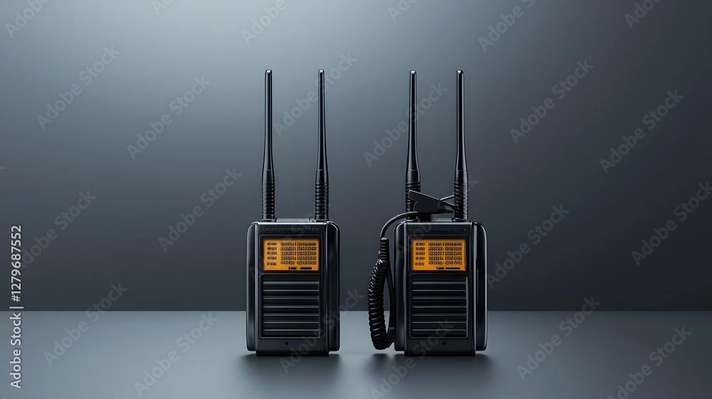 Poster two walkie talkie devices standing upright with their antennas touching signifying communication and