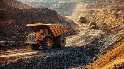 Heavy-duty mining trucks transport ore in a vast open-pit mine.  Dramatic landscape of industrial mining operation.
