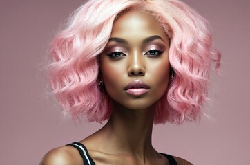Fototapeta premium Beautiful confident photo model showcases vibrant makeup against a pastel color background in a studio setting, people and skincare, fashion theme concept. 