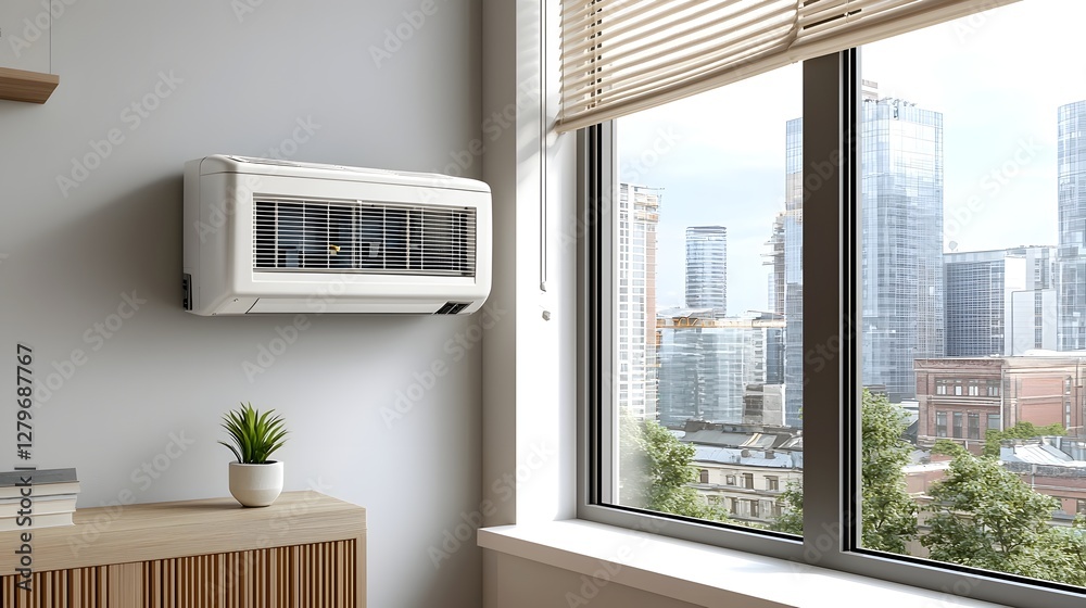Aufkleber Window air conditioning unit installed in a modern urban apartment with a cityscape view through the large window