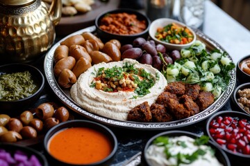 A lavish display of Middle Eastern cuisine featuring a variety of hummus, olives, and fresh vegetables, beautifully arranged for a sensational dining experience.