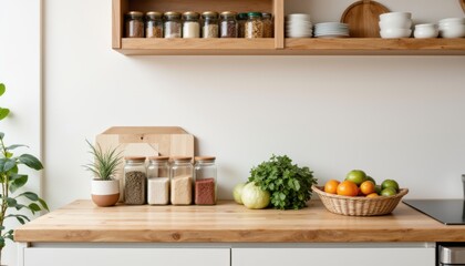 Fresh Ingredients and Organized Storage in Modern Kitchen with Natural Light and Greenery