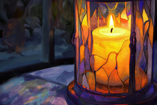 A warm and inviting digital painting of a glowing candle inside a stained glass lantern, casting beautiful reflections and a peaceful ambiance.