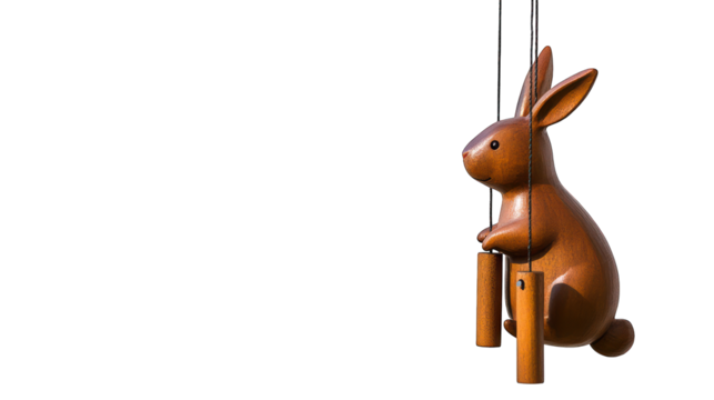 A whimsical Easter bunny wind chime hanging outdoors, realistic shadows, isolated on white