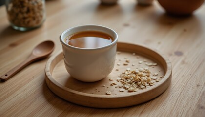 Fototapeta premium Cozy Breakfast Scene with Tea and Oat Flakes on Wooden Tray in Natural Light