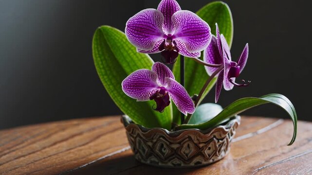 Close-up video of vibrant purple orchids in a decorative pot on a wooden table, captured from a side angle with soft lighting and a dark background.