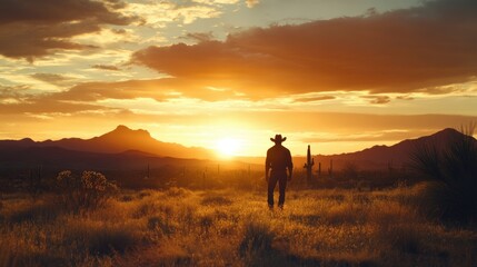 Fototapeta premium A lone cowboy strolls through a golden desert under a vibrant sunset, with distant mountains silhouetted against a colorful sky. The scene captures a tranquil moment in nature, filled with warm hues