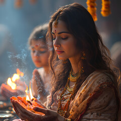Indian woman praying with diya at dawn in temple: spirituality and devotion