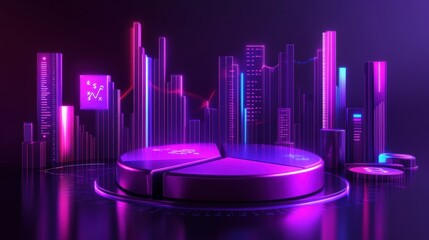 Futuristic data visualization with pie charts and glowing city skyline in a digital environment