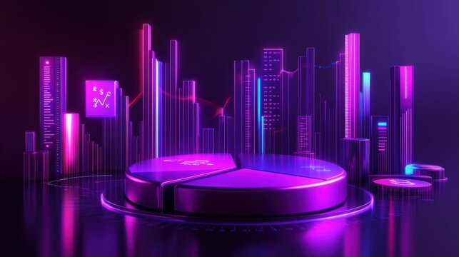Futuristic data visualization with pie charts and glowing city skyline in a digital environment