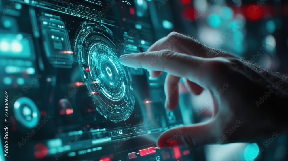 Poster cybersecurity expert uses a finger to navigate a futuristic holographic interface displaying data an