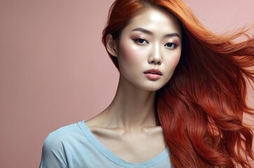 Fototapeta premium Beautiful confident photo model showcases vibrant makeup against a pastel color background in a studio setting, people and skincare, fashion theme concept. 