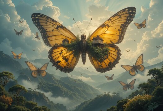Paisaje on&iacute;rico surrealista donde mariposas gigantes llevan peque&ntilde;as aldeas ecol&oacute;gicas en sus alas, que simbolizan la armon&iacute;a entre los humanos y la naturaleza
