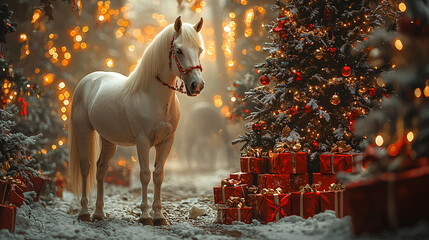 White Horse by Christmas Tree. Festive winter Holiday Scene