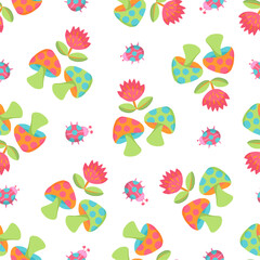 Cute Whimsical Colorful Mushrooms, Flowers, and Ladybugs on a White Background, Perfect For Kids And Fantasy Designs, Vector Seamless Pattern for Wallpaper and Textile Designs