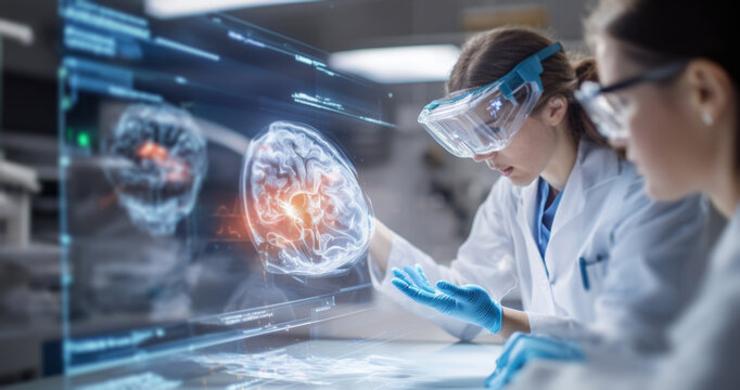 Two interns wearing protective gear are engaged in research while interacting with holographic displays showing brain activity.