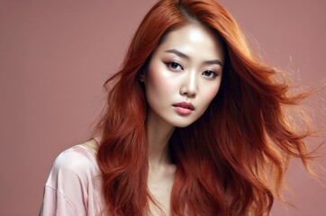 Fototapeta premium Beautiful confident photo model showcases vibrant makeup against a pastel color background in a studio setting, people and skincare, fashion theme concept. 