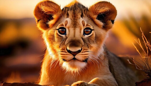 Young lion cub resting in golden light during sunset in the African savanna